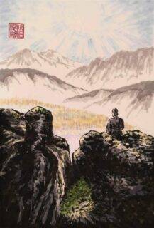 20161017 monk facing sun on edge of cliff